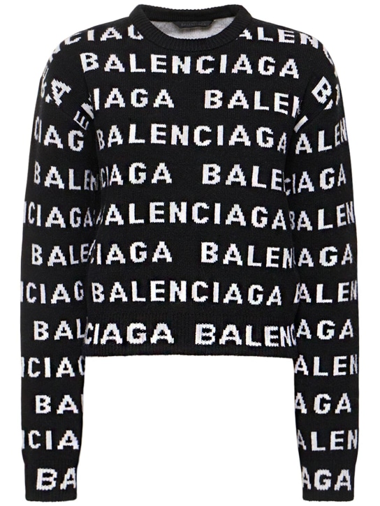 Balenciaga: All over logo wool blend sweater - Siyah/Beyaz - women_0 | Luisa Via Roma