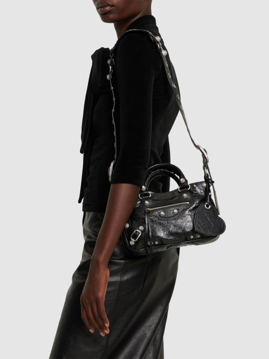 Balenciaga: Small Neo Cagole leather shoulder bag - Siyah - women_1 | Luisa Via Roma
