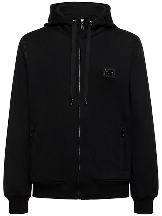 Dolce&Gabbana: Logo plaque cotton jersey zip sweatshirt - men_0 | Luisa Via Roma