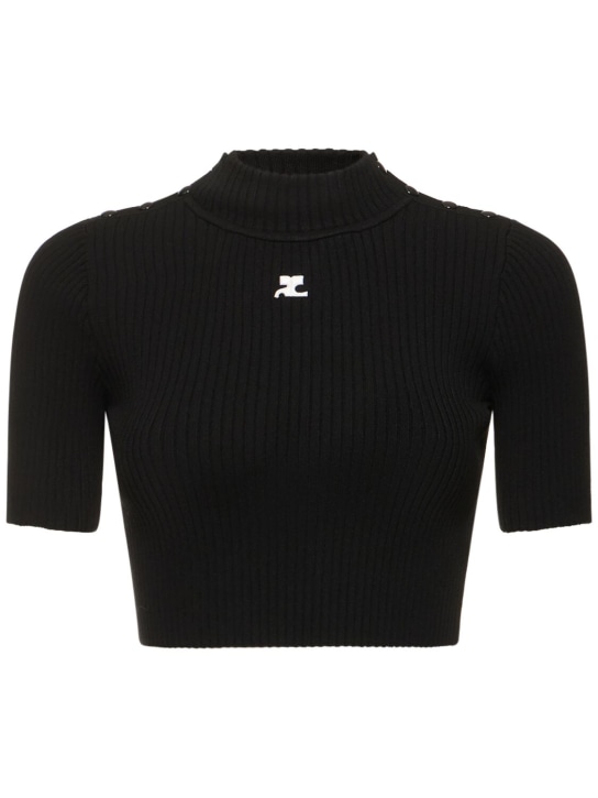 Courreges: Shoulder snaps rib knit crop sweater - Siyah - women_0 | Luisa Via Roma