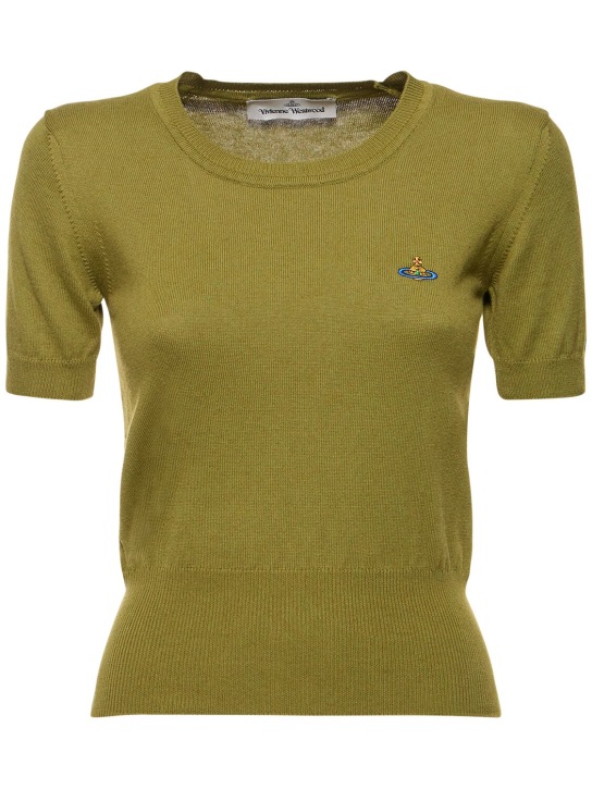 Vivienne Westwood: Top Bea in maglia di cotone e cashmere con logo - Salvia - women_0 | Luisa Via Roma