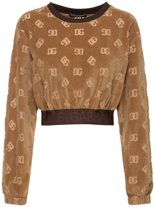 Dolce&Gabbana: Sweat-shirt court en chenille à monogramme - Beige - women_0 | Luisa Via Roma