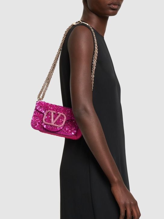 Valentino Garavani: Small Locò sequined silk top handle bag - Pink - women_1 | Luisa Via Roma