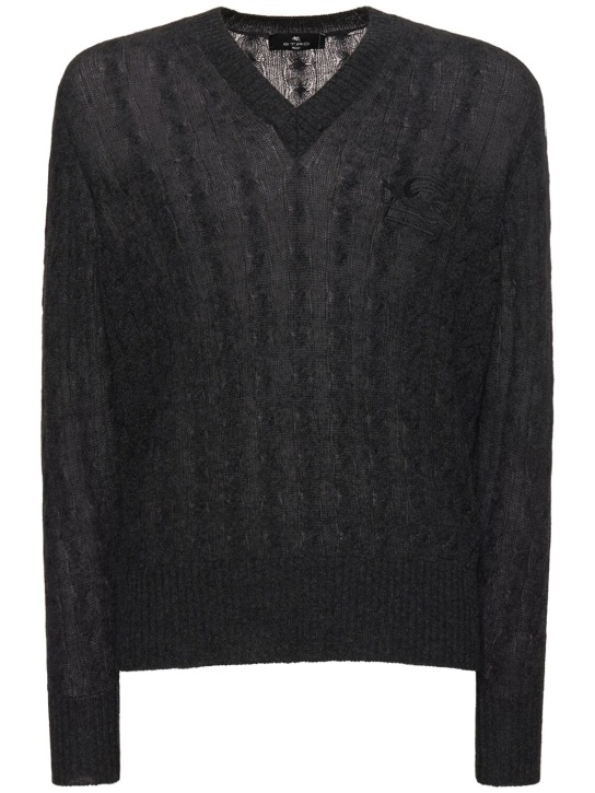 Etro: V neck cashmere logo knitwear - Dark Grey - men_0 | Luisa Via Roma