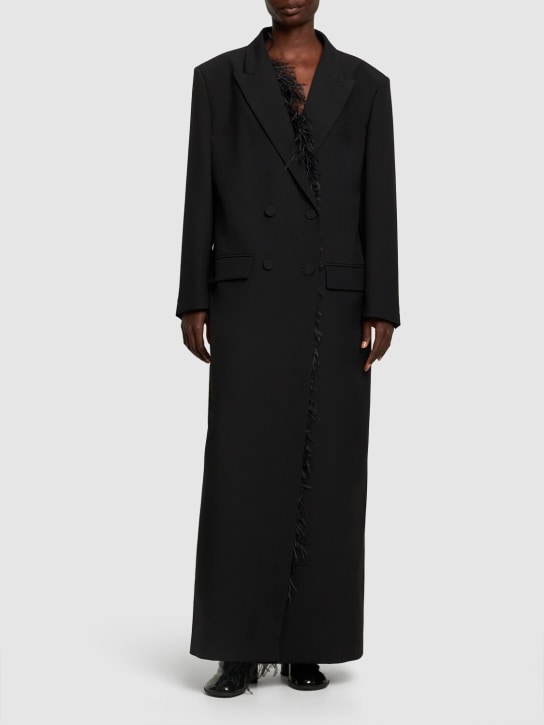 Valentino: 羽毛装饰双排扣羊毛大衣 - 黑色 - women_1 | Luisa Via Roma