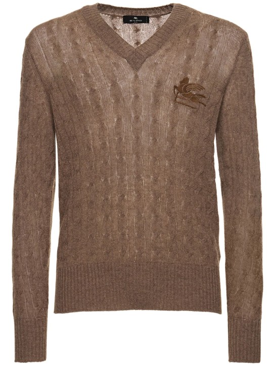 Etro: V neck cashmere logo knitwear - Camel - men_0 | Luisa Via Roma