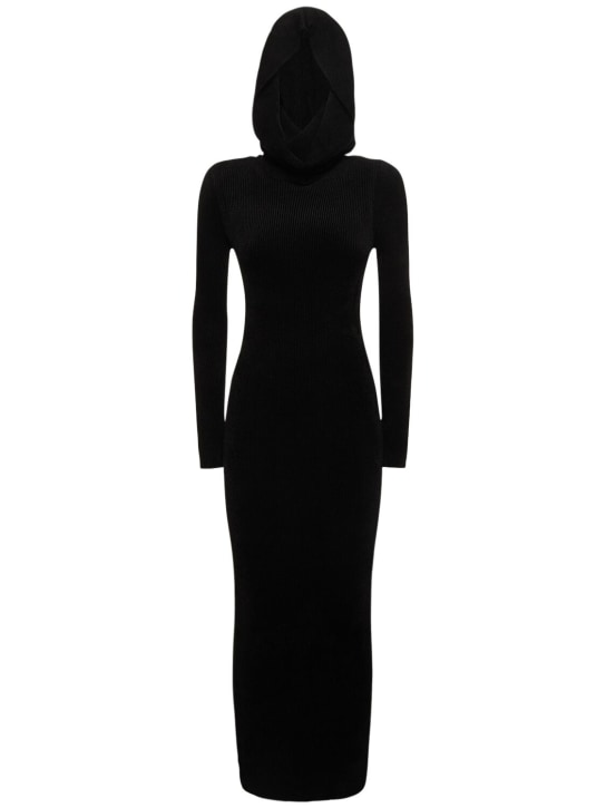 Alexandre Vauthier: Viscose blend jersey hooded long dress - Siyah - women_0 | Luisa Via Roma