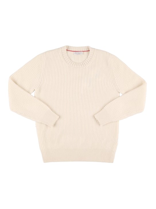 Brunello Cucinelli: Ribbed cashmere sweater w/brooches - Beige - kids-boys_0 | Luisa Via Roma
