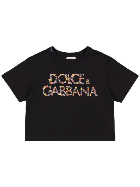 Dolce&Gabbana: Logo print cotton jersey crop t-shirt - Siyah - kids-girls_0 | Luisa Via Roma