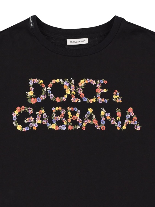 Dolce&Gabbana: 로고 프린트 코튼 저지 크롭 티셔츠 - 블랙 - kids-girls_1 | Luisa Via Roma