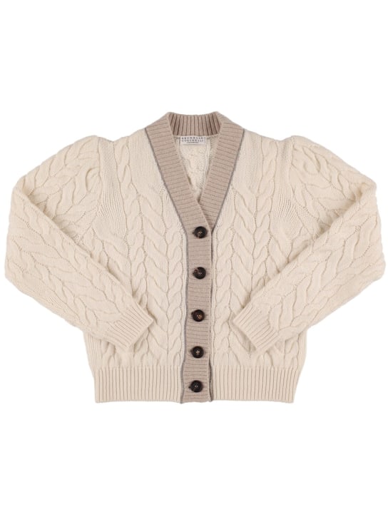 Brunello Cucinelli: Cable knit cashmere cardigan - Weiß/Beige - kids-girls_0 | Luisa Via Roma