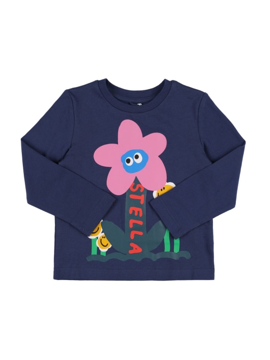 Stella Mccartney Kids: 로고 프린트 오가닉 코튼 티셔츠 - 네이비 - kids-girls_0 | Luisa Via Roma