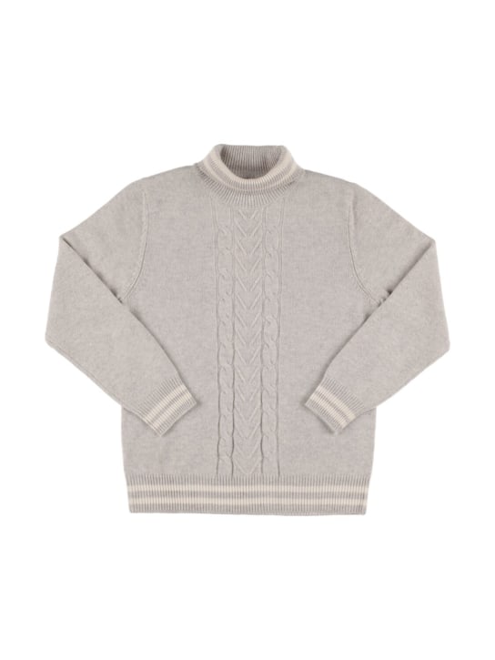 Brunello Cucinelli: Cashmere cable knit turtleneck sweater - Gri/Beyaz - kids-boys_0 | Luisa Via Roma