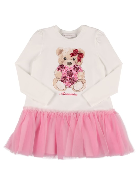 Monnalisa: Bear print cotton jersey & tulle dress - White/Pink - kids-girls_0 | Luisa Via Roma