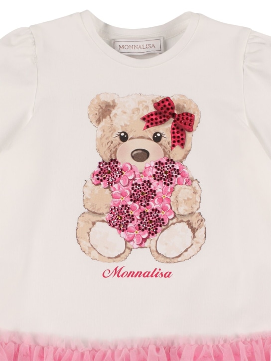 Monnalisa: Bear print cotton jersey & tulle dress - Beyaz/Pembe - kids-girls_1 | Luisa Via Roma