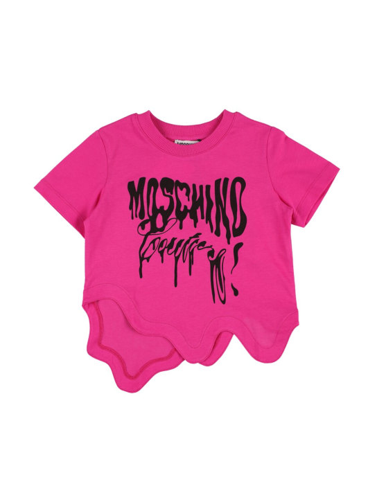Moschino: T-shirt asimmetrica in jersey di cotone con logo - Fucsia - kids-girls_0 | Luisa Via Roma