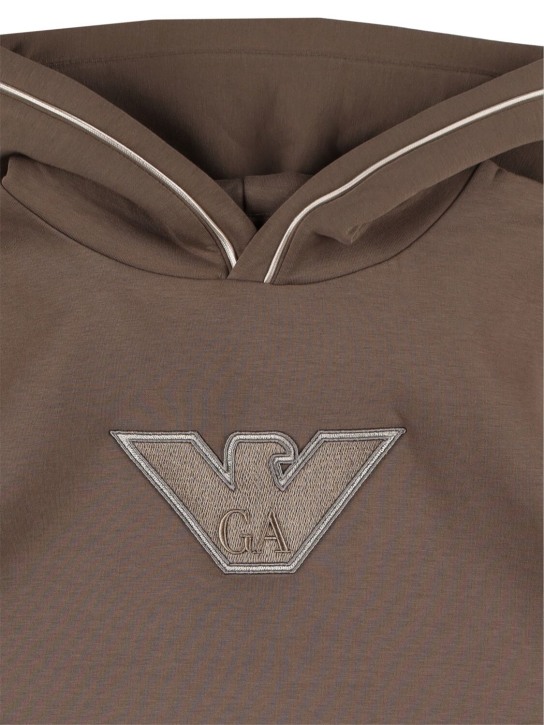 Emporio Armani: Double cotton jersey hoodie w/logo - Bej/Siyah - kids-boys_1 | Luisa Via Roma