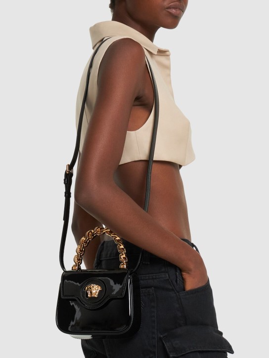 Versace: Medusa patent leather top handle bag - Black - women_1 | Luisa Via Roma