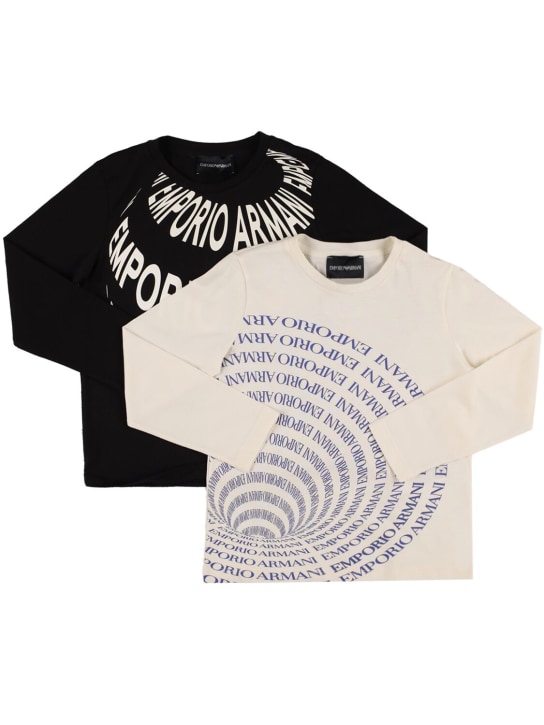 Emporio Armani: 印花棉质平纹针织衬衫2件套装 - 白色/黑色 - kids-boys_0 | Luisa Via Roma