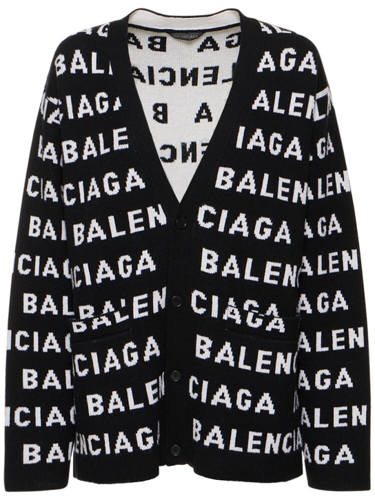 Balenciaga: Cardigan aus Wolle mit Logointarsie - Schwarz/Weiß - women_0 | Luisa Via Roma