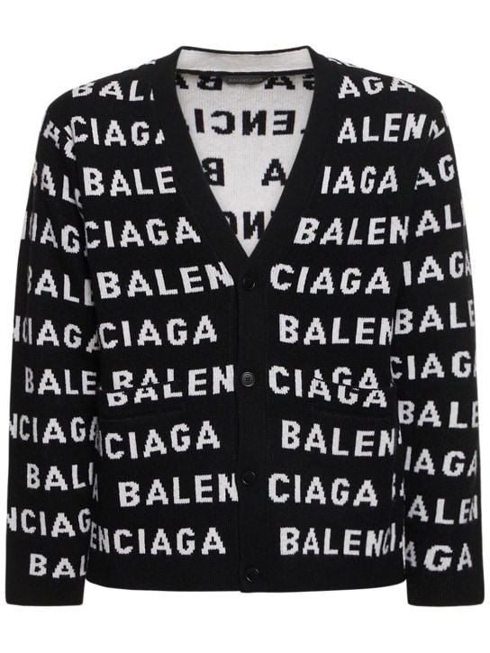 Balenciaga: Logo intarsia wool cardigan - Siyah/Beyaz - men_0 | Luisa Via Roma