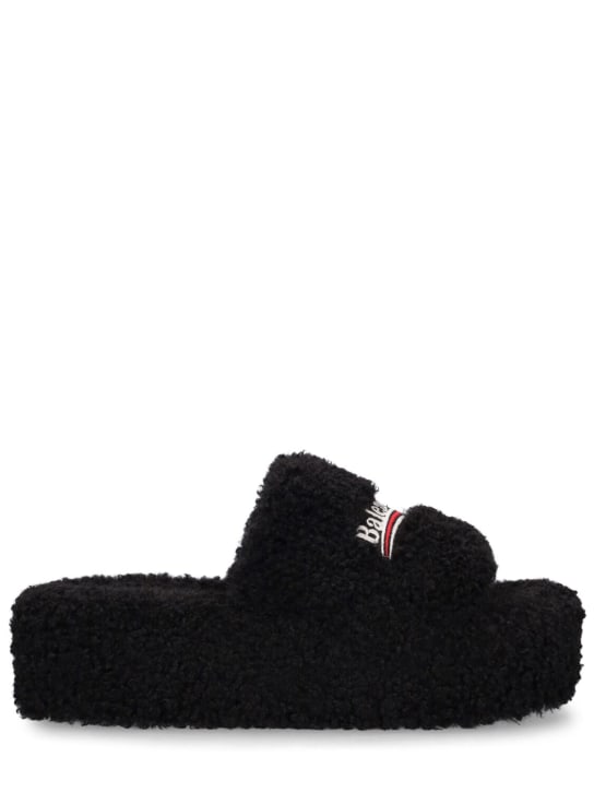Balenciaga: 10mm Furry faux shearling sandals - Black - women_0 | Luisa Via Roma