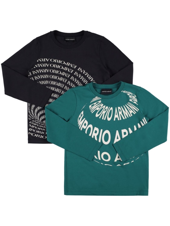 Emporio Armani: 印花棉质平纹针织衬衫2件套装 - 黑色/白色 - kids-boys_0 | Luisa Via Roma