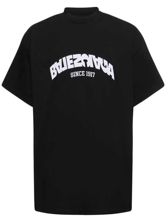 Balenciaga: Logo大廓型棉质平纹针织T恤 - 黑色 - men_0 | Luisa Via Roma
