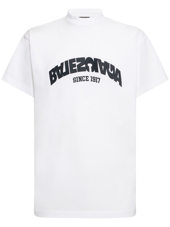 Balenciaga: Logo大廓型棉质平纹针织T恤 - 白色 - men_0 | Luisa Via Roma