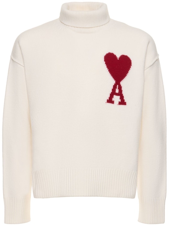 AMI Paris: Maglia collo alto in lana con logo - Off White - men_0 | Luisa Via Roma