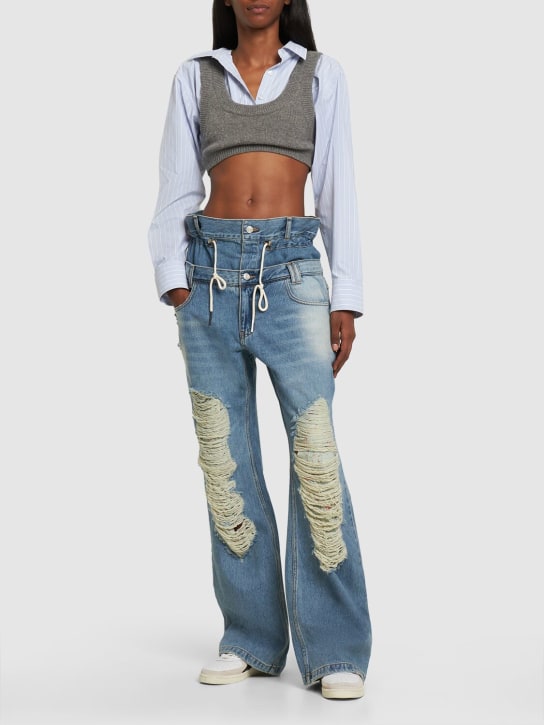 Andersson Bell: Beria string double waist cotton jeans - Dusty Blue - women_1 | Luisa Via Roma