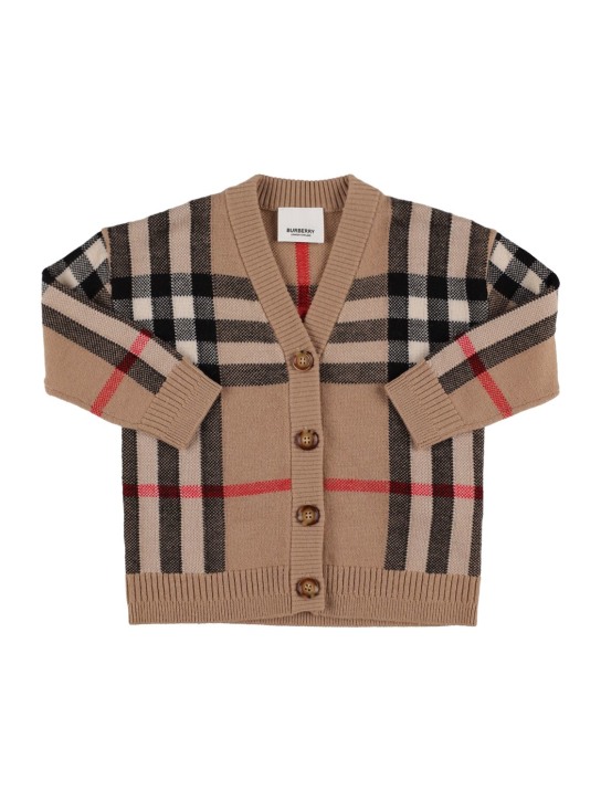 Burberry: Cardigan in maglia di misto lana check - Beige - kids-boys_0 | Luisa Via Roma