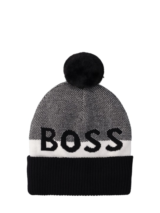 Boss: Jacquard logo cotton beanie hat w/pompom - Black - kids-boys_0 | Luisa Via Roma