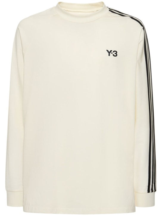Y-3: Langes T-Shirt aus Baumwolljersey mit 3 Streifen - Owhite/Black - men_0 | Luisa Via Roma