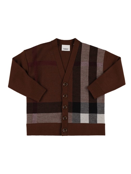 Burberry: Check intarsia wool blend knit cardigan - Brown - kids-boys_0 | Luisa Via Roma
