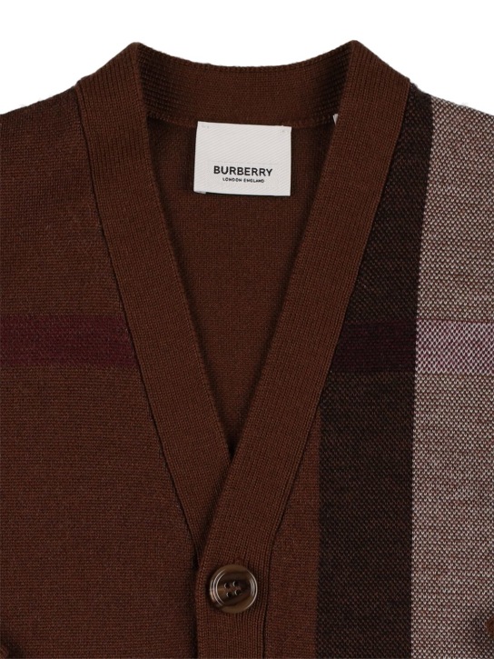 Burberry: Check intarsia wool blend knit cardigan - Brown - kids-girls_1 | Luisa Via Roma