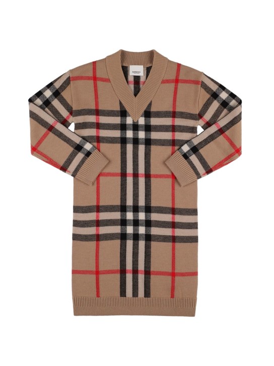 Burberry: Vestito in maglia di lana check - Beige - kids-girls_0 | Luisa Via Roma