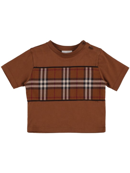 Burberry: T-shirt en jersey de coton imprimé carreaux - Marron - kids-girls_0 | Luisa Via Roma