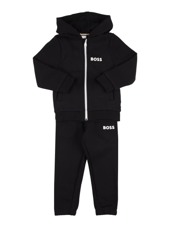 Boss: Logo混棉连帽卫衣&运动裤 - 黑色 - kids-boys_0 | Luisa Via Roma