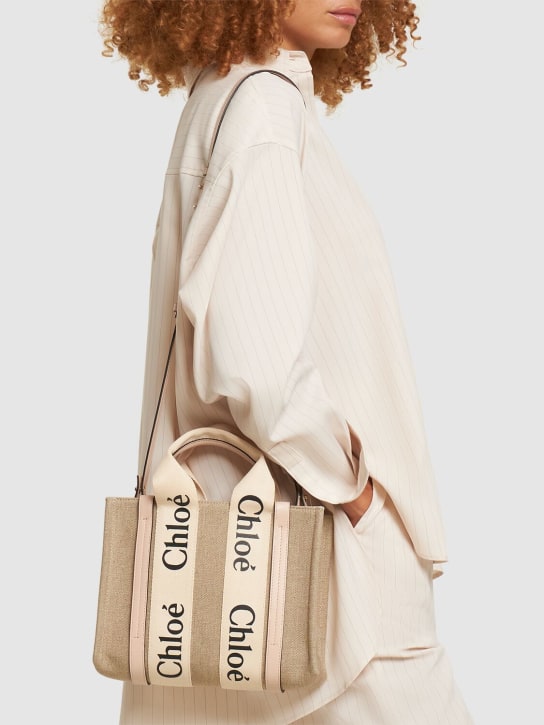 Chloé: Small Woody canvas top handle bag - Bej/Pembe - women_1 | Luisa Via Roma