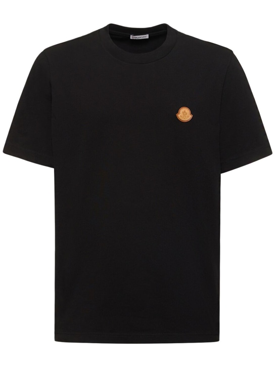 Moncler: T-shirt en jersey de coton avec patch logo - Noir - men_0 | Luisa Via Roma