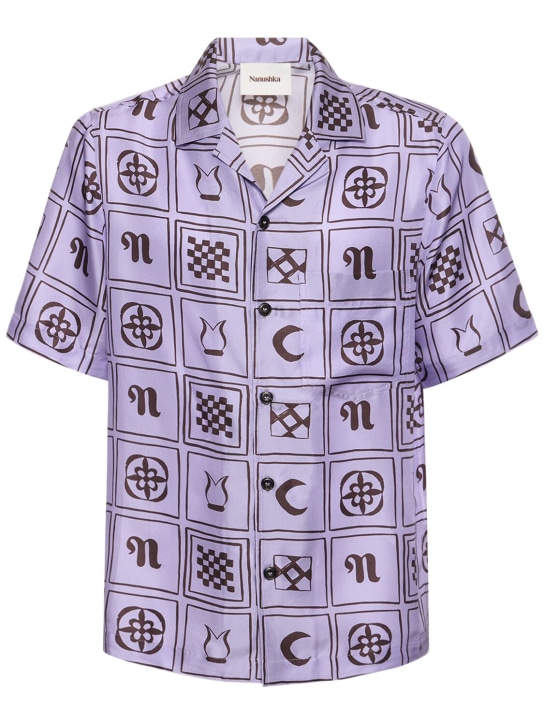 Nanushka: 印花真丝斜纹短袖保龄球衬衫 - 丁香紫 - men_0 | Luisa Via Roma
