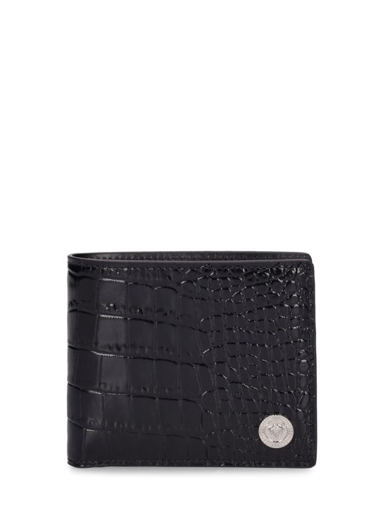 Versace: Croc embossed bifold wallet - Black/Silver - men_0 | Luisa Via Roma