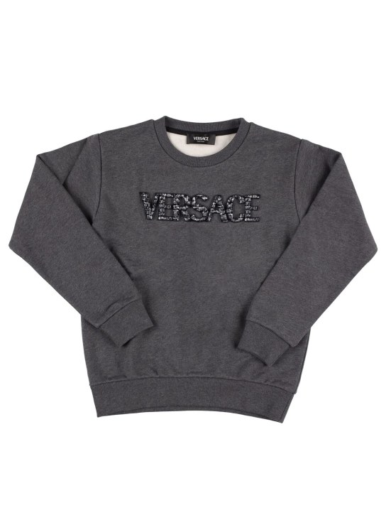 Versace: Sweat-shirt en coton à logo brodé - Gris - kids-boys_0 | Luisa Via Roma