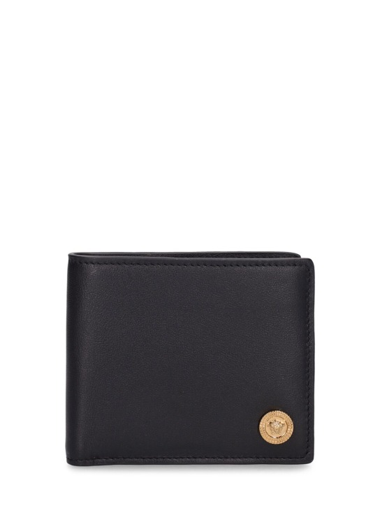 Versace: Portefeuille en cuir à logo - Noir/Or - men_0 | Luisa Via Roma