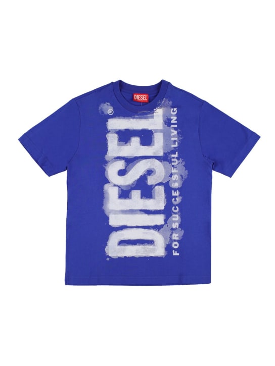 Diesel Kids: Washed logo print cotton jersey t-shirt - Royal Blue - kids-girls_0 | Luisa Via Roma