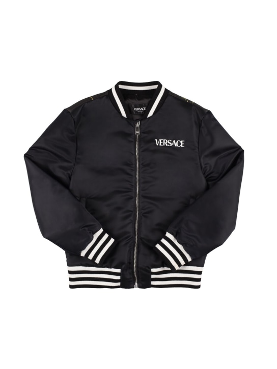 Versace: Embroidered logo silk bomber jacket - Black - kids-boys_0 | Luisa Via Roma