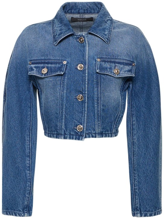 Versace: Cropped denim jacket w/logo buttons - Blau - women_0 | Luisa Via Roma