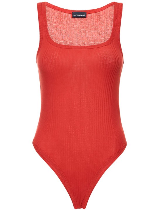 Jacquemus: Le Body Caraco cotton knit bodysuit - Red - women_0 | Luisa Via Roma