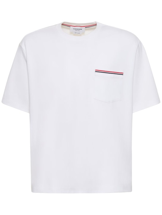 Thom Browne: 条纹边缘棉质平纹针织T恤 - 白色 - men_0 | Luisa Via Roma